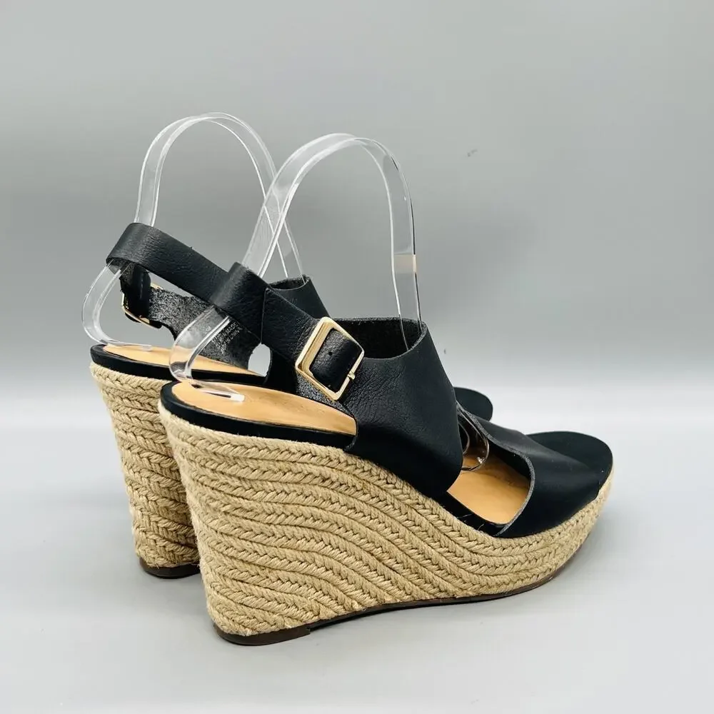 J Crew Sandals Women 8.5 Black Vegan Leather Espadrille Wedge Slingback Shoes